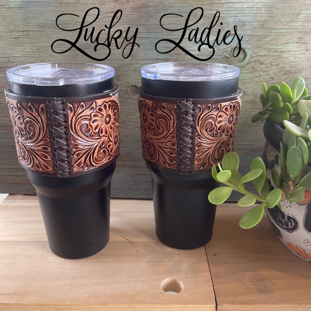 30oz Insulated Western Stamped & Hide Leather Sleeve Tumblers Handmade - Picture 2 of 5